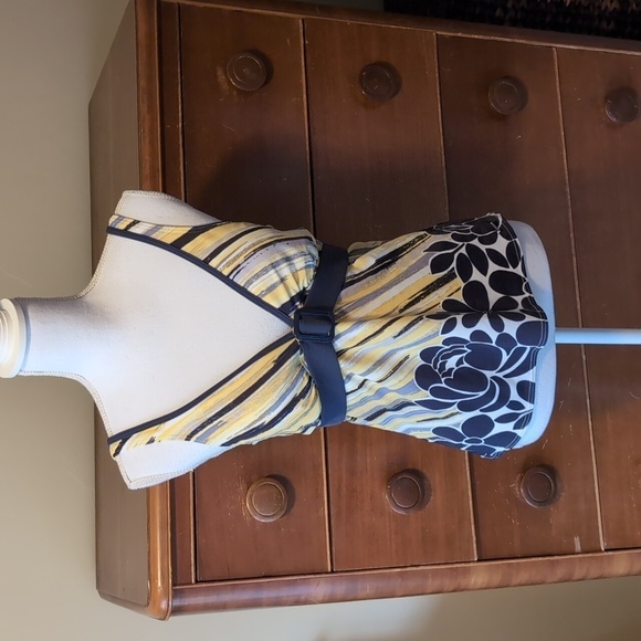 LIZ CLAIBORNE Tankini Grey & Yellow BELTED Stripe Floral Swim Top SZ 10 - Picture 2 of 15